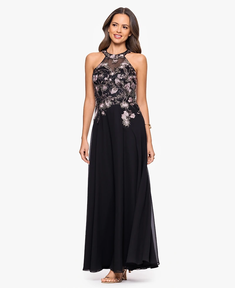 Betsy & Adam Women's Long Mesh Sequin Embroidered Sleeveless Dress