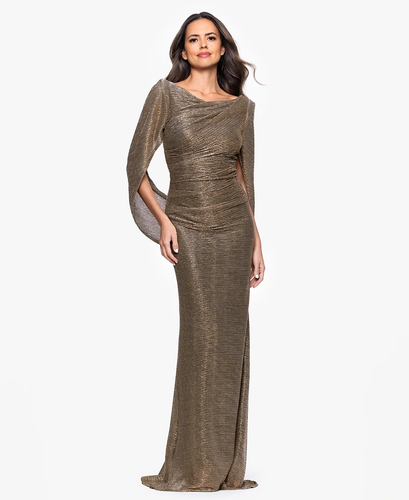 Betsy & Adam Women's Long Metallic Crinkle Drape Back Boat Neck Dress