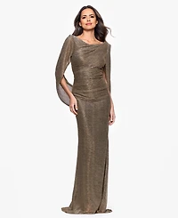 Betsy & Adam Women's Long Metallic Crinkle Drape Back Boat Neck Dress