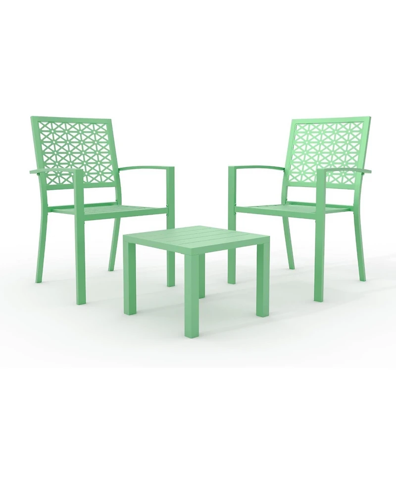 gaomon 3 Pcs Green Patio Bistro Set, Outdoor Stackable Steel Chairs & Square Coffee Table for Balcony, Porch, Garden, Lawn