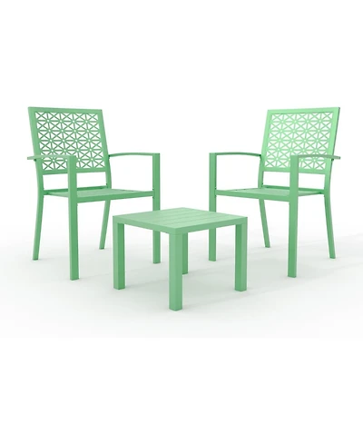gaomon 3 Pcs Green Patio Bistro Set, Outdoor Stackable Steel Chairs & Square Coffee Table for Balcony, Porch, Garden, Lawn