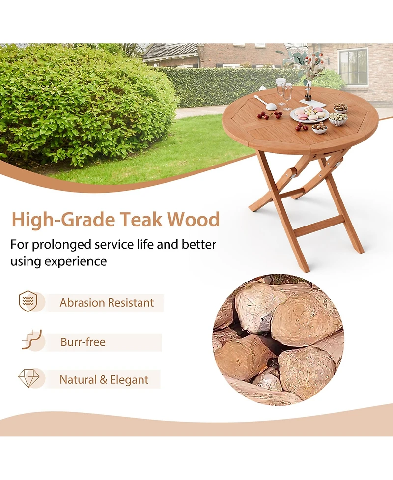Gymax 31.5-inch Round Outdoor Folding Table Patio Solid Indonesia Teak Dining Table