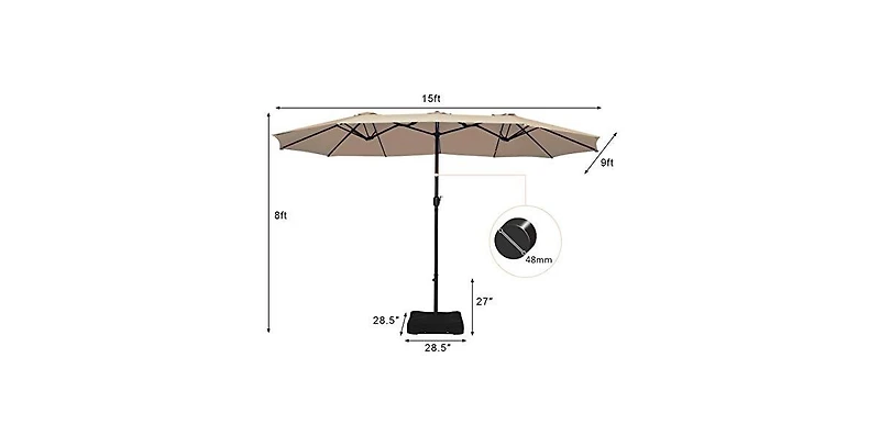 15 Feet Double-Sided Twin Patio Umbrella with Crank and Base