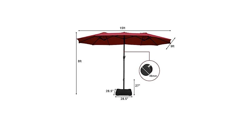 15 Feet Double-Sided Twin Patio Umbrella with Crank and Base
