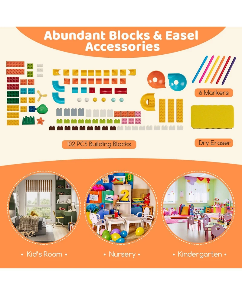 6-in-1 Folding Kids Art Easel with Reversible Building Block Tabletop