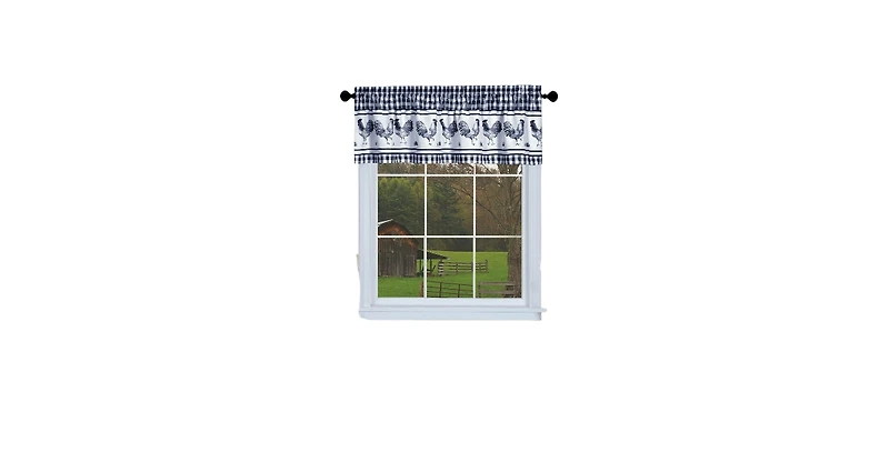 Kate Aurora Lightweight Plaid Country Farmhouse Rooster Window Rod Pocket Curtain Valance - Navy