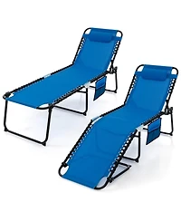 Gymax 2 Pcs Folding Chaise Lounge Portable Lay Flat Reclining Chair w/ 4-Level Backrest Side Pocket