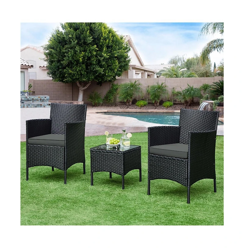 Yaheetech 3-Piece Rattan Furniture Set with 2-Piece Woven Rattan Chairs with Cushions & 1 Side Table, Black/Gray