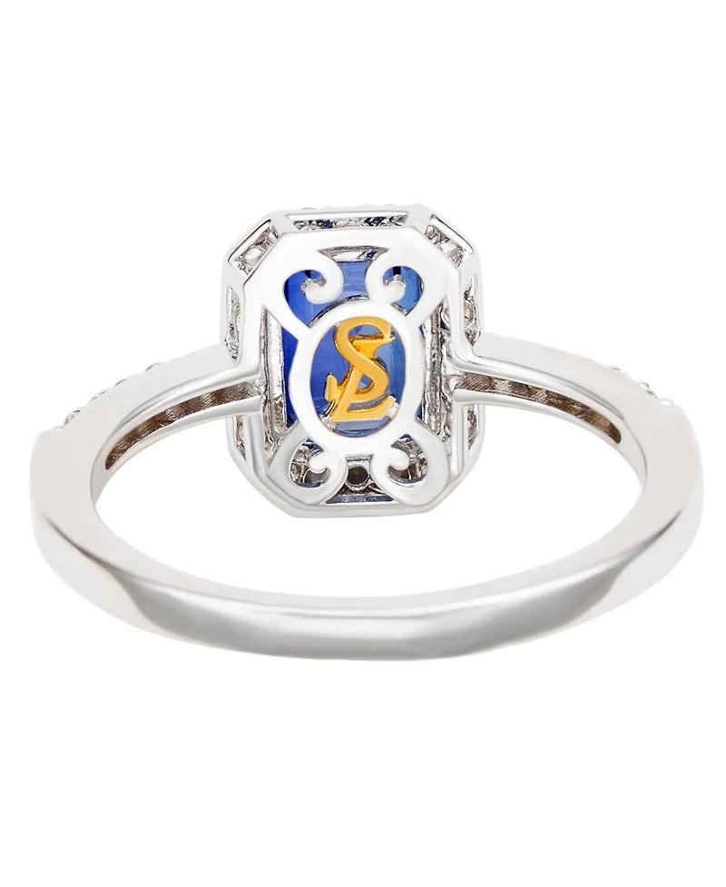Suzy Levian Sterling Silver Emerald Cut Sapphire & Created White Halo Ring