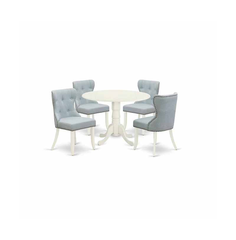 East West Furniture kitchen dining table set of 4 amazing kitchen dining chairs with Linen Fabric Baby Blue color and a beautiful dinner table with Li