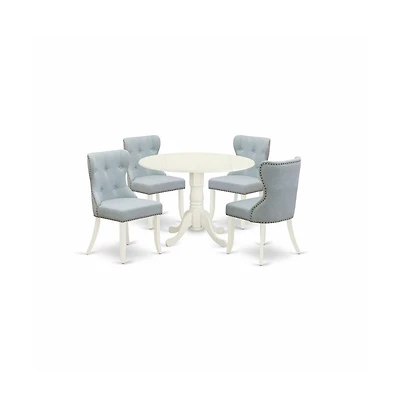 East West Furniture kitchen dining table set of 4 amazing kitchen dining chairs with Linen Fabric Baby Blue color and a beautiful dinner table with Li