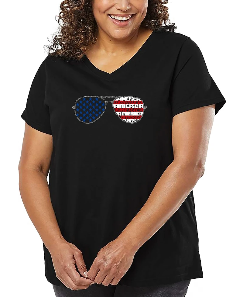La Pop Art Plus Americana Sunglasses Word V-Neck T-Shirt
