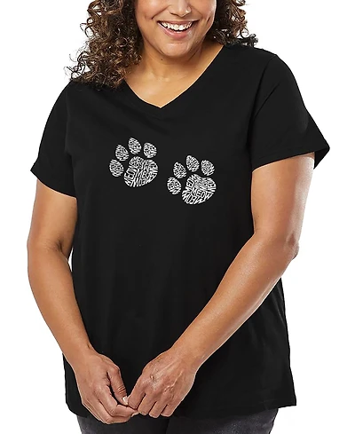 La Pop Art Plus Meow Cat Prints Word V-Neck T-Shirt