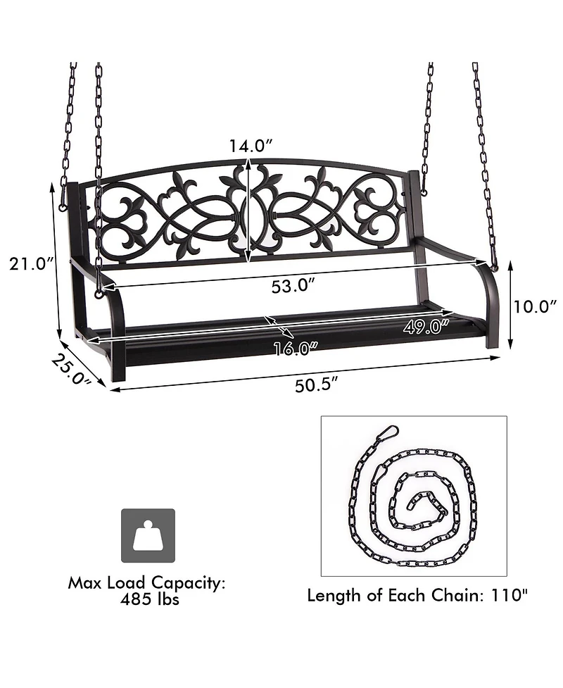 Gymax Patio Hanging Porch Swing 2-Person Outdoor Metal Swing Bench Chair w/ Chains