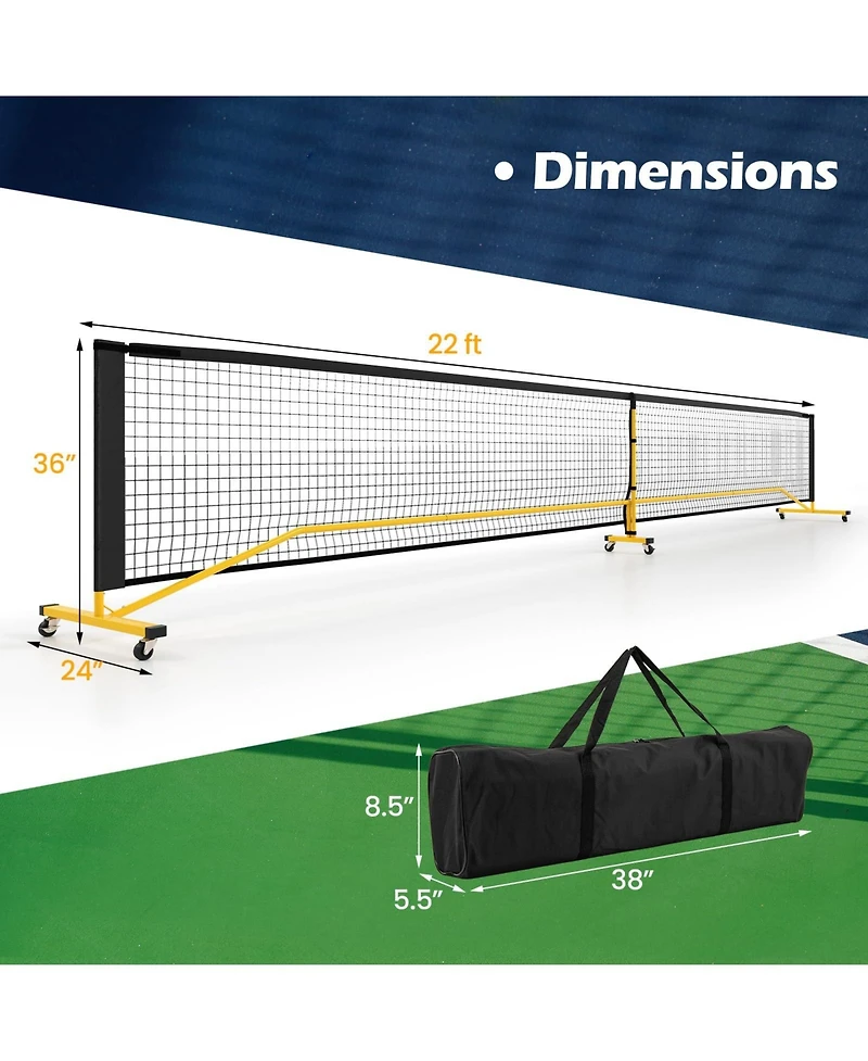 22 Ft Portable Pickleball Net with 6 Lockable Wheels and Carry Bag