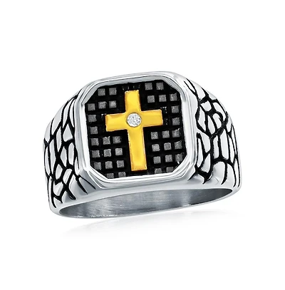 Stainless Steel, Gold Cz Cross, Pebbled Design Ring