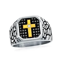 Stainless Steel, Gold Cz Cross, Pebbled Design Ring