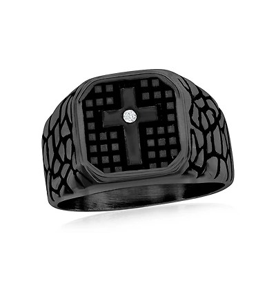 Metallo Stainless Steel, Cz Cross Pebbled Design Ring - Black Plated