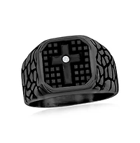 Metallo Stainless Steel, Cz Cross Pebbled Design Ring - Black Plated