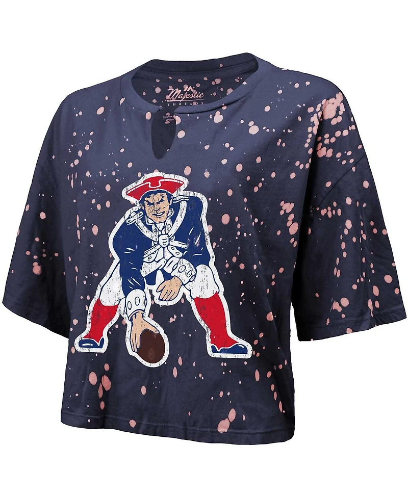 Majestic Women's Navy New England Patriots Bleach Splatter Notch Neck Crop T-Shirt