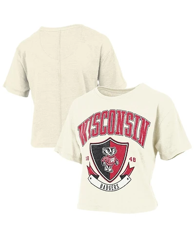 Pressbox Women's Cream Wisconsin Badgers Buckler Vintage Cropped T-Shirt