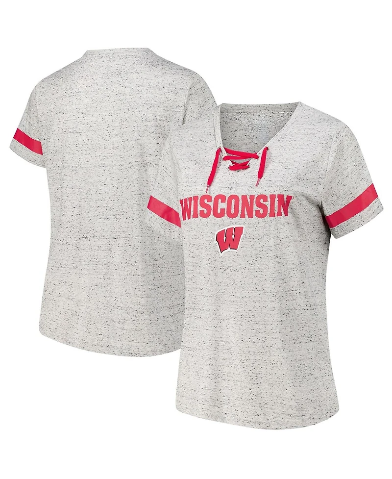 Fanatics Women's Heather Gray Wisconsin Badgers Plus Lace-Up V-Neck T-Shirt