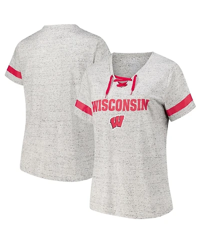 Fanatics Women's Heather Gray Wisconsin Badgers Plus Lace-Up V-Neck T-Shirt