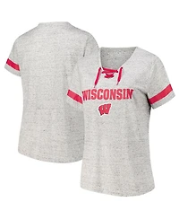 Fanatics Women's Heather Gray Wisconsin Badgers Plus Lace-Up V-Neck T-Shirt
