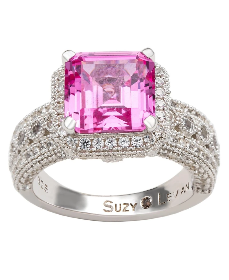 Suzy Levian Sterling Silver Sapphire & Created White Sapphire Emerald-Cut Ring
