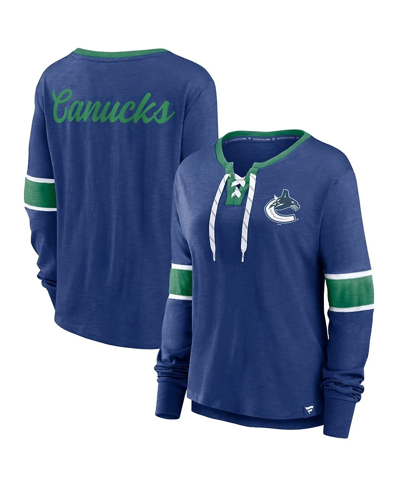 Fanatics Women's Blue Vancouver Canucks Effervescent Exclusive Notch Neck Lace-Up Long Sleeve Slub T-Shirt