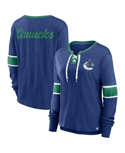 Fanatics Women's Blue Vancouver Canucks Effervescent Exclusive Notch Neck Lace-Up Long Sleeve Slub T-Shirt