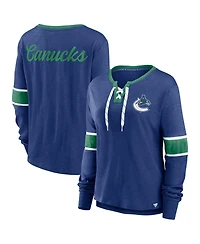 Fanatics Women's Blue Vancouver Canucks Effervescent Exclusive Notch Neck Lace-Up Long Sleeve Slub T-Shirt