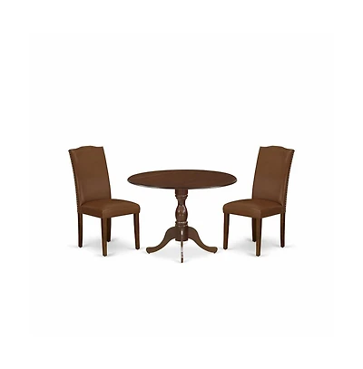 East West Furniture 3 Piece Modern Dining Table Set Consists of 1 Drop Leaves Wooden Dining Table and 2 Brown Faux Leather Dining Chairs High Back wit