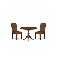 East West Furniture 3 Piece Modern Dining Table Set Consists of 1 Drop Leaves Wooden Dining Table and 2 Brown Faux Leather Dining Chairs High Back wit