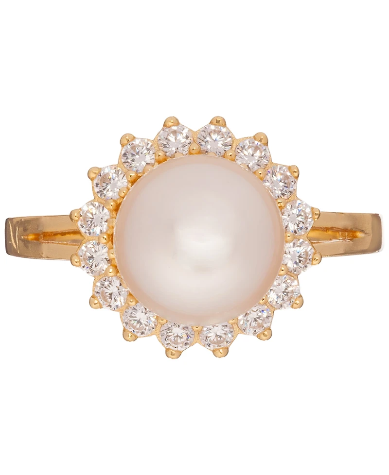 Cultured Freshwater Pearl (10mm) & Cubic Zirconia Halo Ring 18k Gold-Plated Sterling Silver