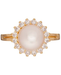Cultured Freshwater Pearl (10mm) & Cubic Zirconia Halo Ring 18k Gold-Plated Sterling Silver