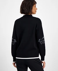 T Tahari Women's Mock-Neck Embroidered-Horse Sweater