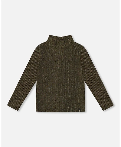 Deux par Girl Shiny Rib Mock Neck Top Black and Gold - Child