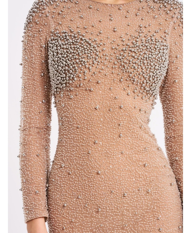 Miss Circle Women Rita Embroidered Mesh Silver Beaded Mermaid Gown