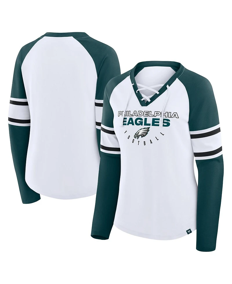 Fanatics Women's White/Green Philadelphia Eagles Redzone Blitz Package Raglan Lace-Up V-Neck Long Sleeve T-Shirt