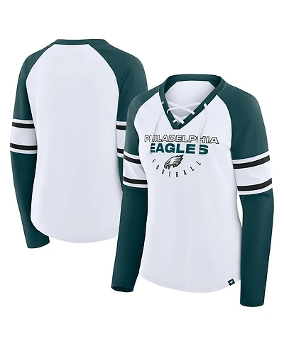 Fanatics Women's White/Green Philadelphia Eagles Redzone Blitz Package Raglan Lace-Up V-Neck Long Sleeve T-Shirt