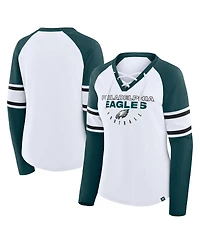 Fanatics Women's White/Green Philadelphia Eagles Redzone Blitz Package Raglan Lace-Up V-Neck Long Sleeve T-Shirt