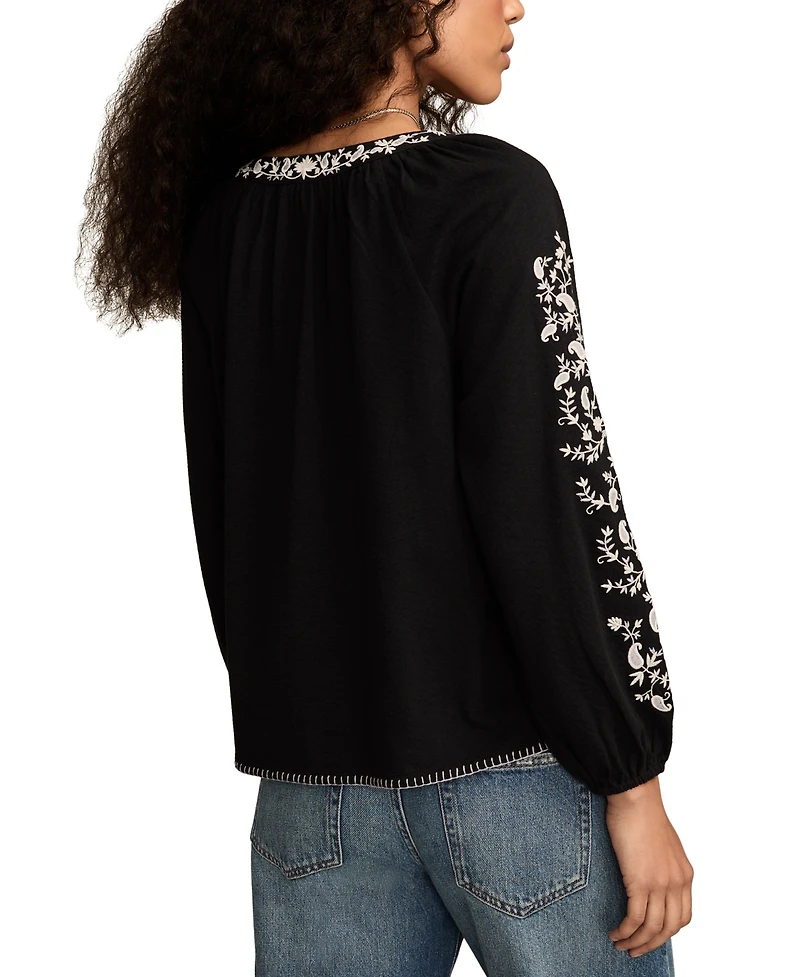 Lucky Brand Women's Embroidered Bubble Peasant Top