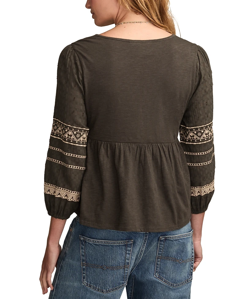 Lucky Brand Women's Mixed Trim Peasant Top