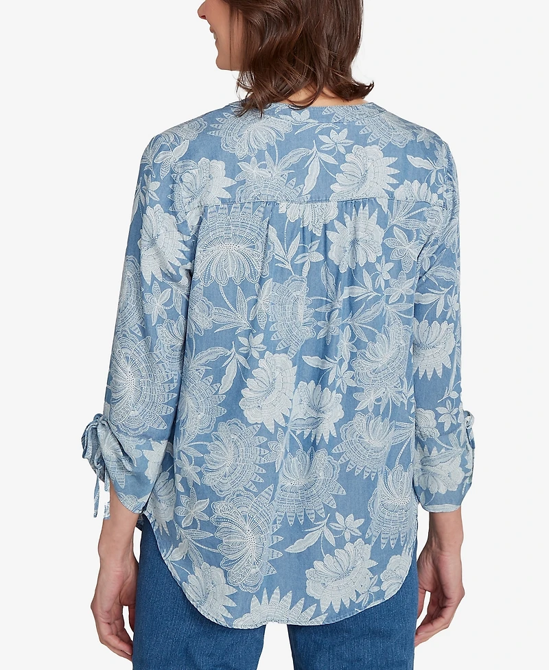 Alfred Dunner Women's Classic Floral Monotone Lyocell Henley Top