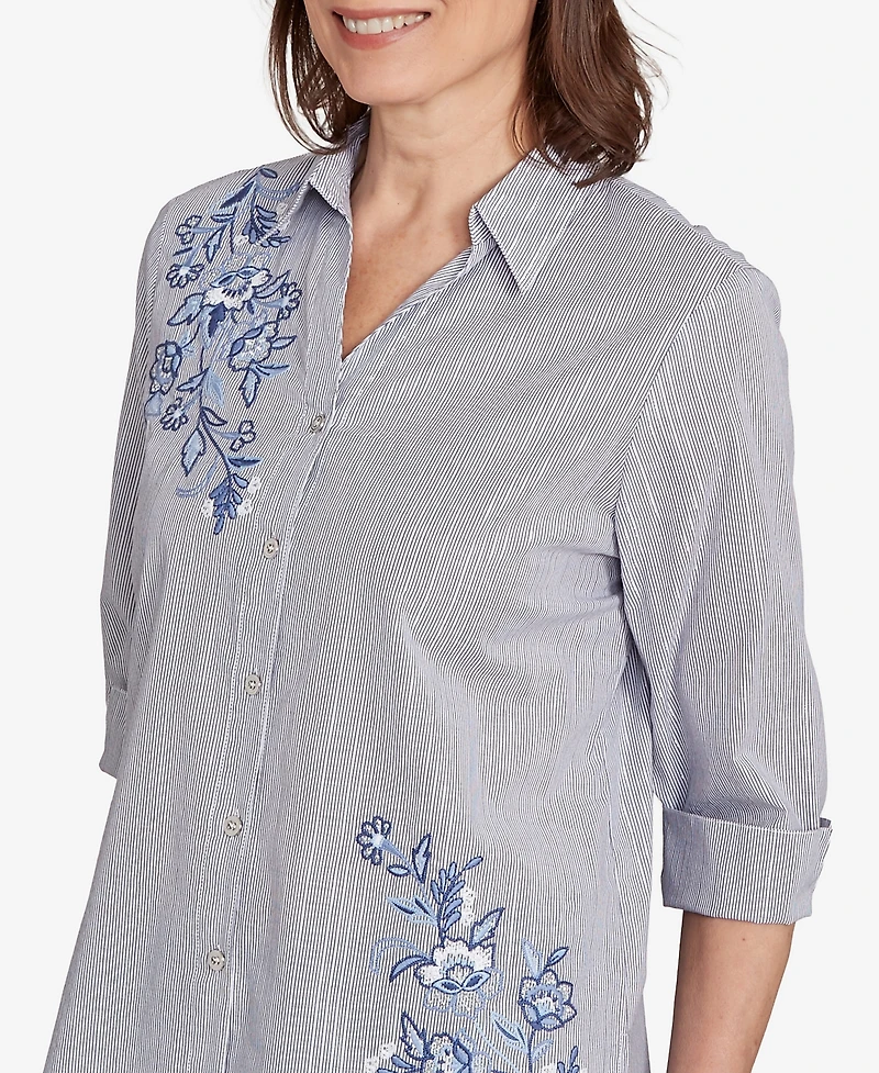 Alfred Dunner Women's Classic Diagonal Floral Metallic Stripe Button Front Top