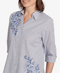 Alfred Dunner Women's Classic Diagonal Floral Metallic Stripe Button Front Top