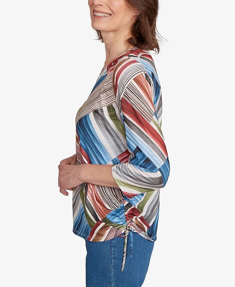 Alfred Dunner Women's Classic Stripe Patchwork Ruched Sides Top