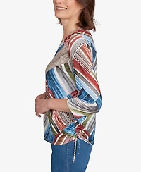 Alfred Dunner Women's Classic Stripe Patchwork Ruched Sides Top
