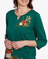 Alfred Dunner Women's Classic Asymmetric Pumpkin Split Beaded Floral Top